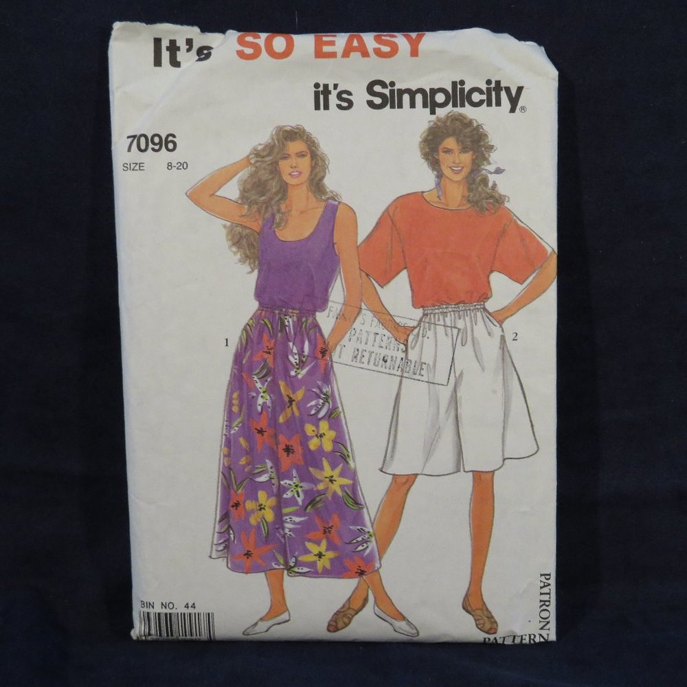 SIMPLICITY 7096 Misses' TOP & Culottes Size 8-20 CUT (#932)